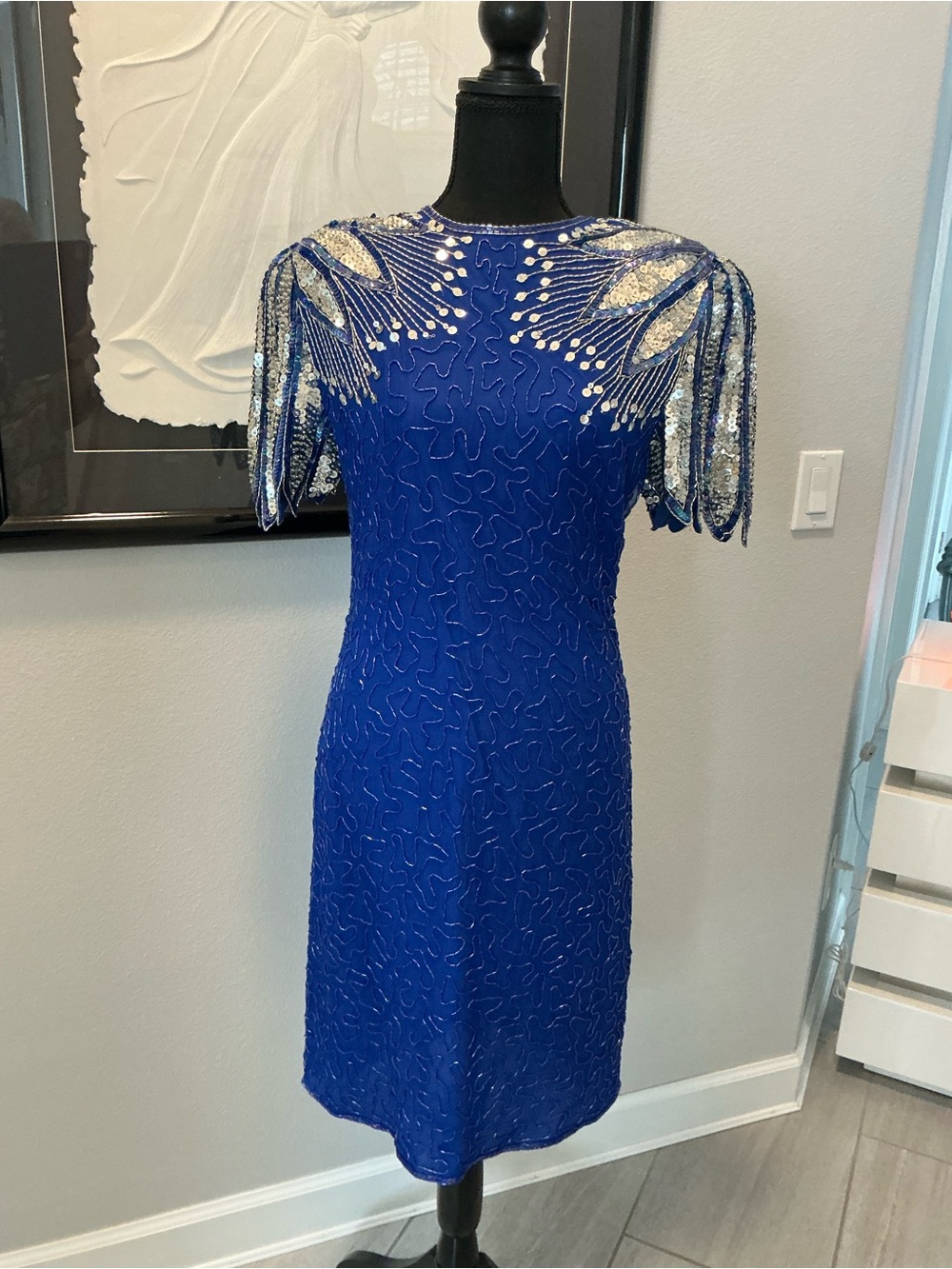 Vintage Laurence Kazar royal blue 100% silk beaded sequin cocktail dress M